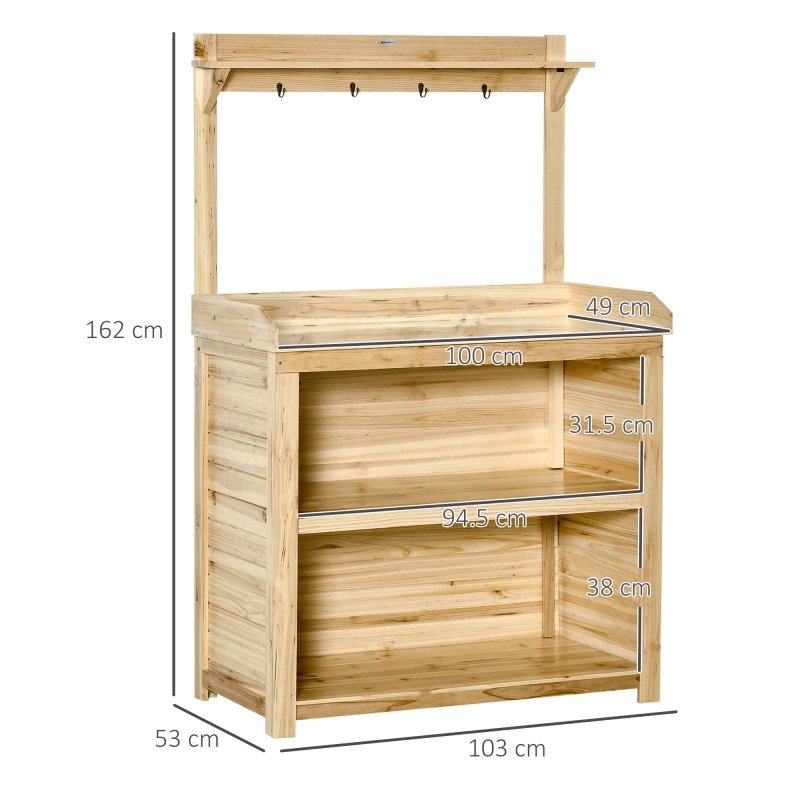 Outsunny Garden Potting Bench Table, Wooden Workstation Bench w/ Galvanized Metal Tabletop, Storage Shelves and Hooks for Patios, Courtyards, Balcony