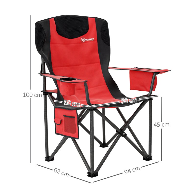 Outsunny Set of 2 Folding Camping Chairs, Padded Camping Chairs with Adjustable Armrests, Portable & Lightweight Folding Camp Chair with Cooler Bag, Cup Holder and Side Pockets, Red