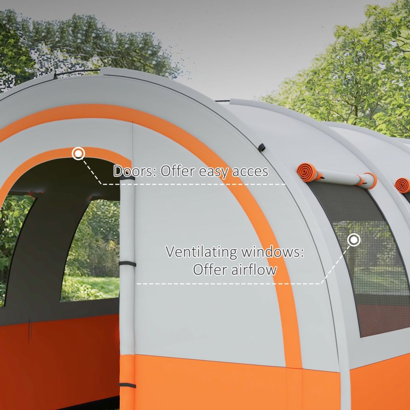 Outsunny 5-6 Man Camping Tent, 3000mm Waterproof Tunnel Family Tent Shelter with Bedroom and Adjustable Living Room, Easy Setup with Carry Bag, Cream and Orange