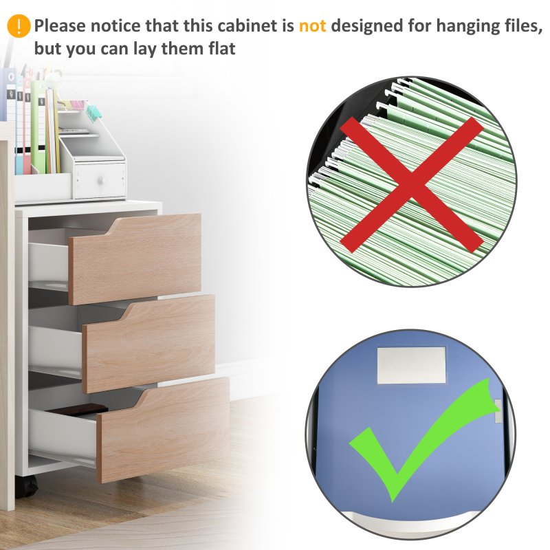 HOMCOM 3 Drawer Mobile File Cabinet, Vertical Filing Cabinet with Wheels for Home Office