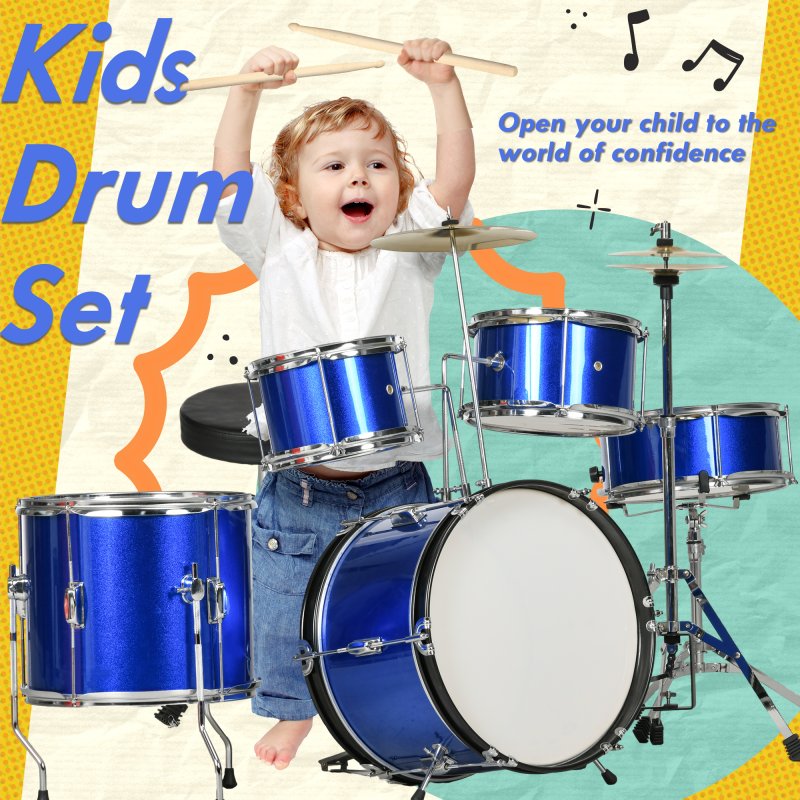 AIYAPLAY Drum Kit for Kids, Full Sized Drum Set with Five Drums, Two Cymbals, Stool, Drumsticks, Pedal, Cymbals, Musical instrument Toy, Blue