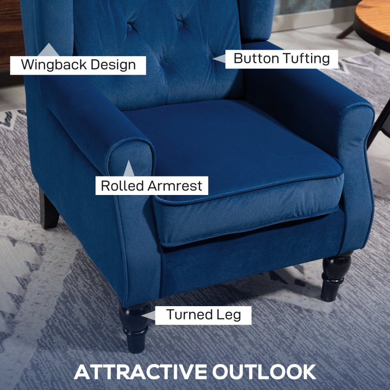 HOMCOM Retro Accent Chair, Velvet Wingback Armchair with Wood Frame Button Tufted Design for Living Room Bedroom, Blue