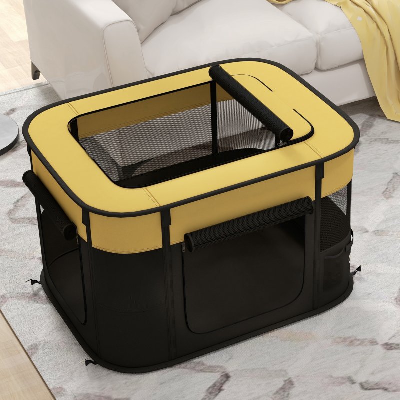 PawHut Dog Pen, Pet Playpen, Portable Foldable Dog Cat Playpen Soft Pet Cage with Storage Bag for Puppies, Rabbits, Kittens, Guinea Pigs, 84 x 64 x 53cm - Yellow