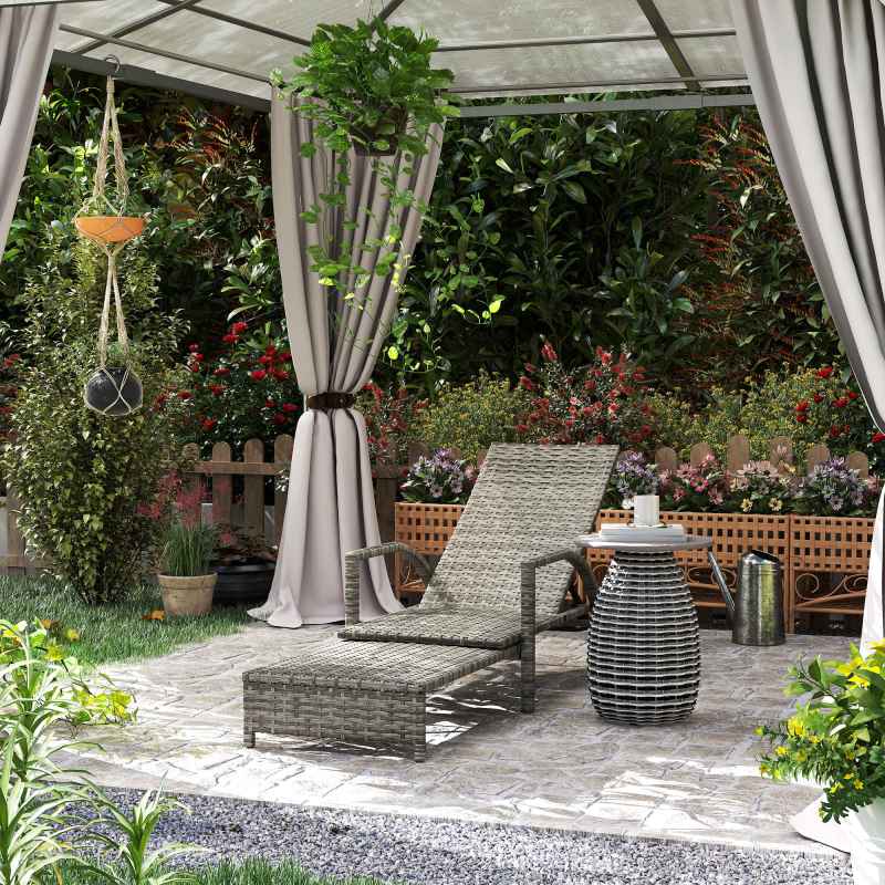 Outsunny PE Rattan Sun Lounger, Garden Lounger with 4-Level Adjustable Backrest, Outdoor Sunbed with Retractable Footrest for Balcony, Beach, Patio, Mixed-grey