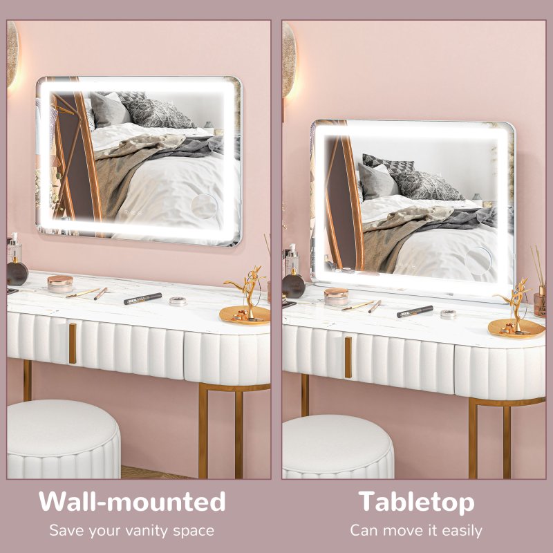 HOMCOM Vanity Mirror with Lights, Large Lighted Makeup Mirror with 3 Colour Lighting Modes, 10X Magnifying, USB Charging Port, Touch Screen, Tabletop or Wall Mounted Design for Bedroom, White