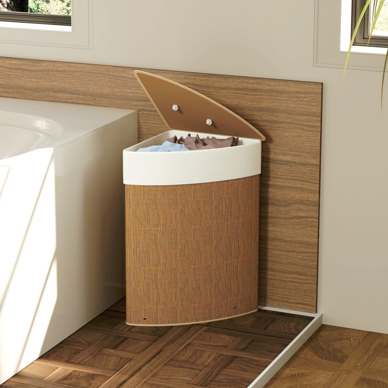 HOMCOM Bamboo Laundry Basket with Lid, 55L Corner Laundry Hamper with Removable Washable Liner Bag, Bathroom Triangle Washing Basket, 35 x 35 x 60 cm