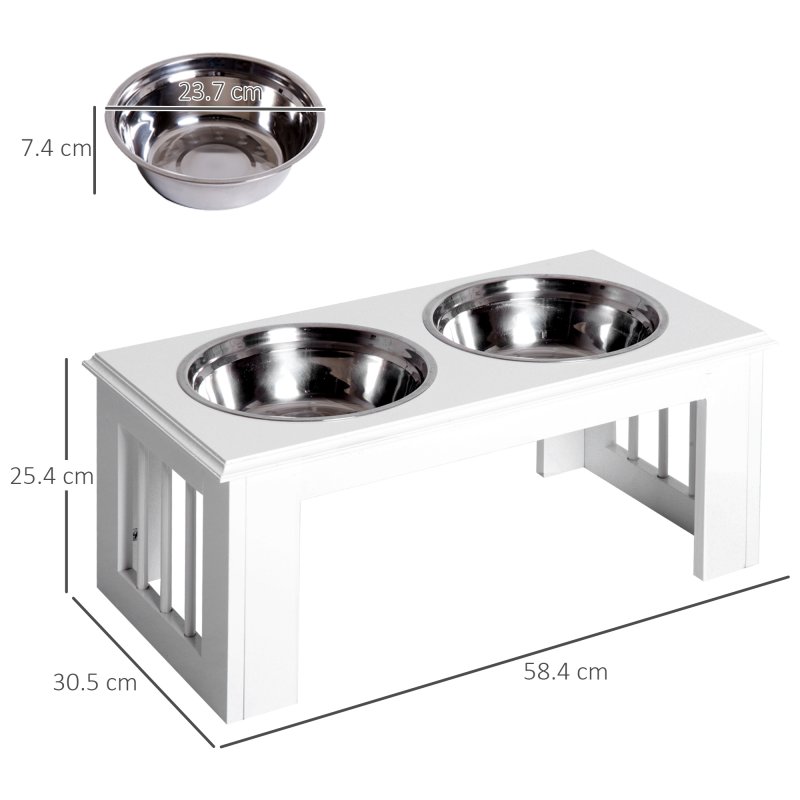 PawHut Raised Dog Bowl Feeding Bowls with Stand for Medium Dogs Elevated Pet Bowls Water Food Feeder 58L x 31W x 25H cm - White