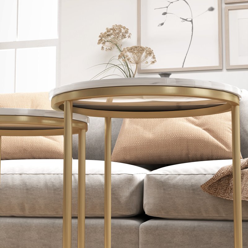 HOMCOM Nesting Coffee Table Set of 2, Modern Nest of Tables, Round Sofa Side Tables with Metal Frame for Living Room, Bedroom, Small Space, Gold Tone