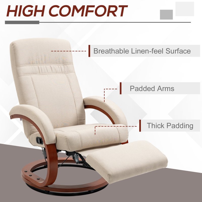 HOMCOM Swivel Recliner Chair with Footstool and Wood Base, Manual Reclining Chair for Living Room, Bedroom, Beige