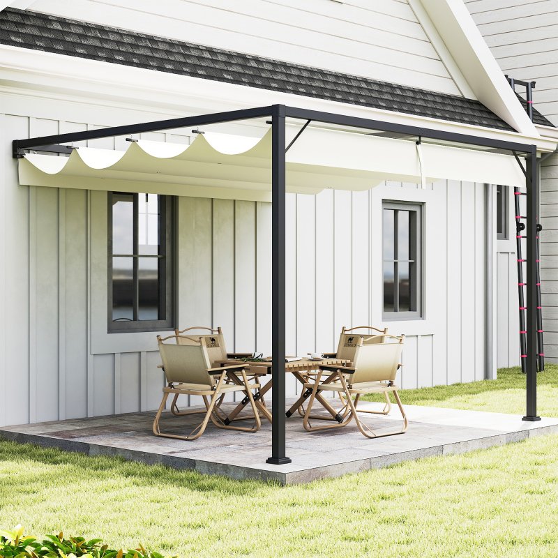 Outsunny 3 x 3(m) Outdoor Lean To Pergola Retractable Canopy Wall Mounted Gazebo Patio Shelter Sun Shade, Cream White
