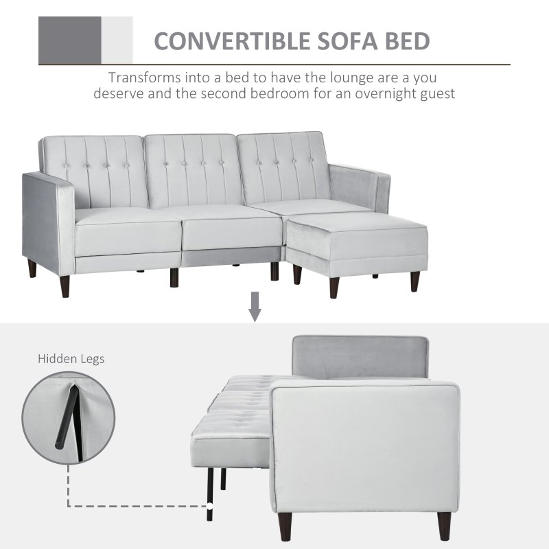 HOMCOM Corner Sofa Bed Reversible 3-Seater Sectional Sofa Set Velvet-Touch Sleeper Futon with Footstool, Light Grey