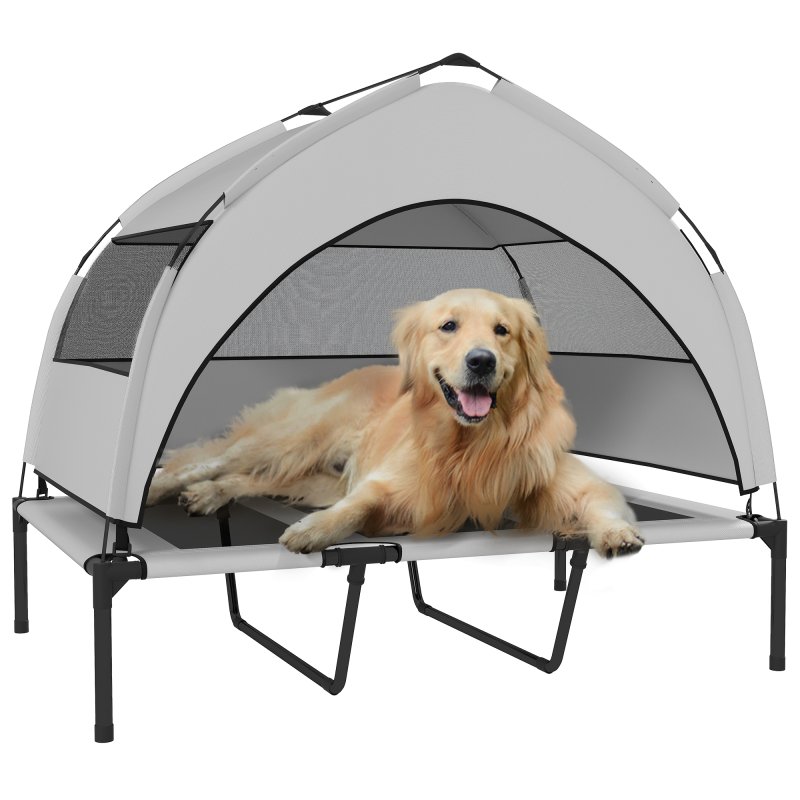 PawHut Elevated Dog Bed with Removable Canopy, Portable Cooling Raised Pet Cot with Breathable Mesh, Storage Bag, for Indoor Outdoor Use, for Large Dogs, 106 x 76 x 94 cm, Light Grey