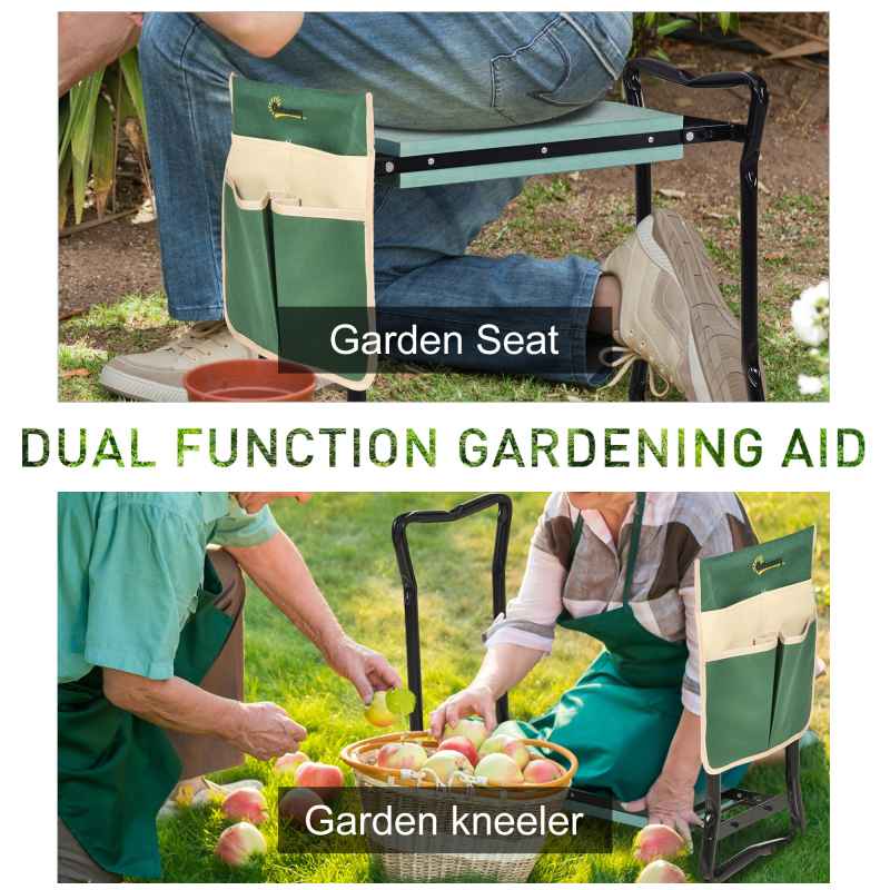 Outsunny 2 in 1 Garden Kneeler Seat, Kneeling Pad Support Bench, Foldable Knee Protector with Tool Bag, Green