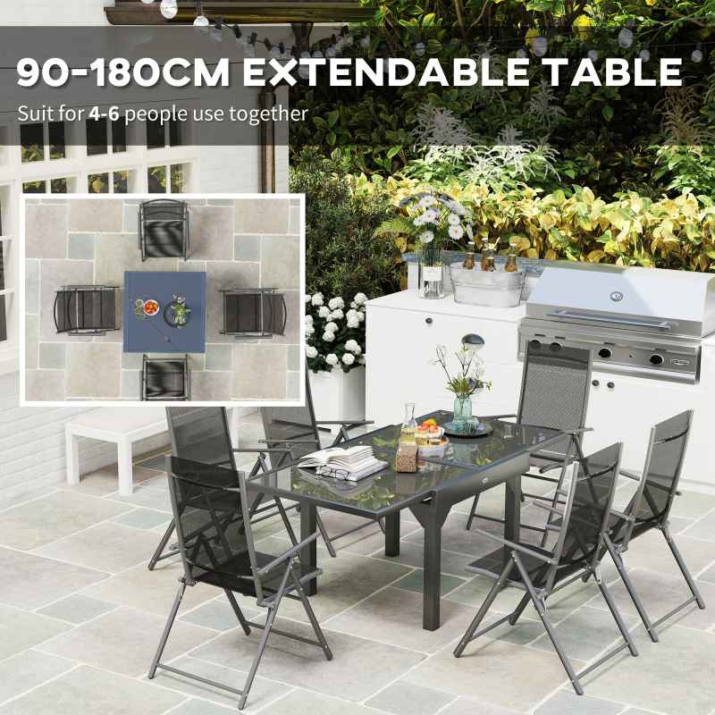 Outsunny 7 Piece Outdoor Dining Set, Garden Furniture Set with Extendable Table and 6 Folding Chairs, Outdoor Conversation Set with 5mm Tempered Glass Top & Aluminium Frame, for Patio, Balcony, Deck