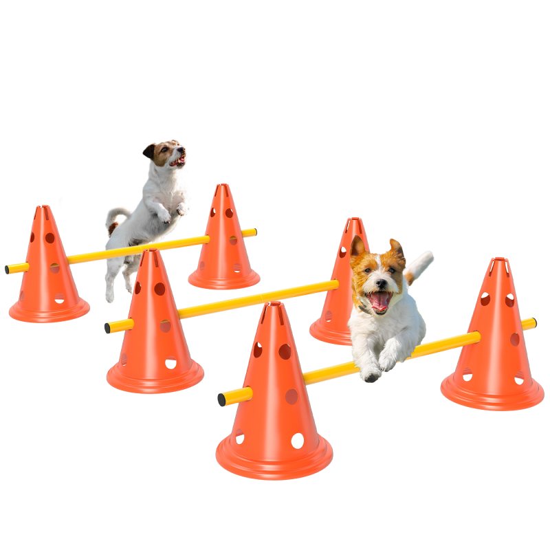 PawHut Dog Agility Set, Portable Pet Jump Training Equipment Kit for Six Cones, Six Poles with Carry Bag, Three-Piece Adjustable Height Jumping Obstacles, Orange