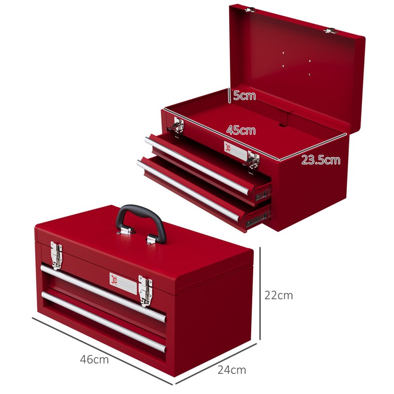 DURHAND 2 Drawer Tool Chest, Lockable Metal Tool Box with Ball Bearing Runners, Portable Toolbox, 460mm x 240mm x 220mm, Red