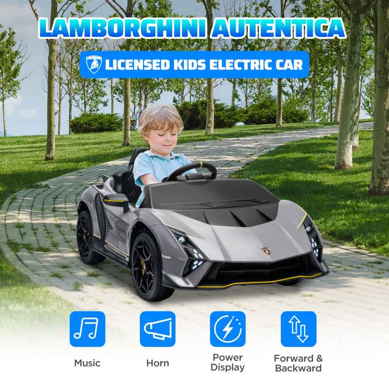AIYAPLAY 12V Lamborghini Autentica Licensed Kids Electric Car with Butterfly Doors, Ride on Car with Remote Control, 4 Suspension Wheels, Soft Start, LED Lights, Music, Horn, Grey