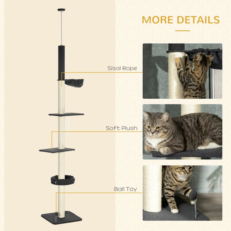 PawHut Floor To Ceiling Cat Tree, 5 Tier Height Adjustable Cat Climbing Tower with Scratching Post, Hammock, Bed for Indoor Cats, 240-270cm, Black