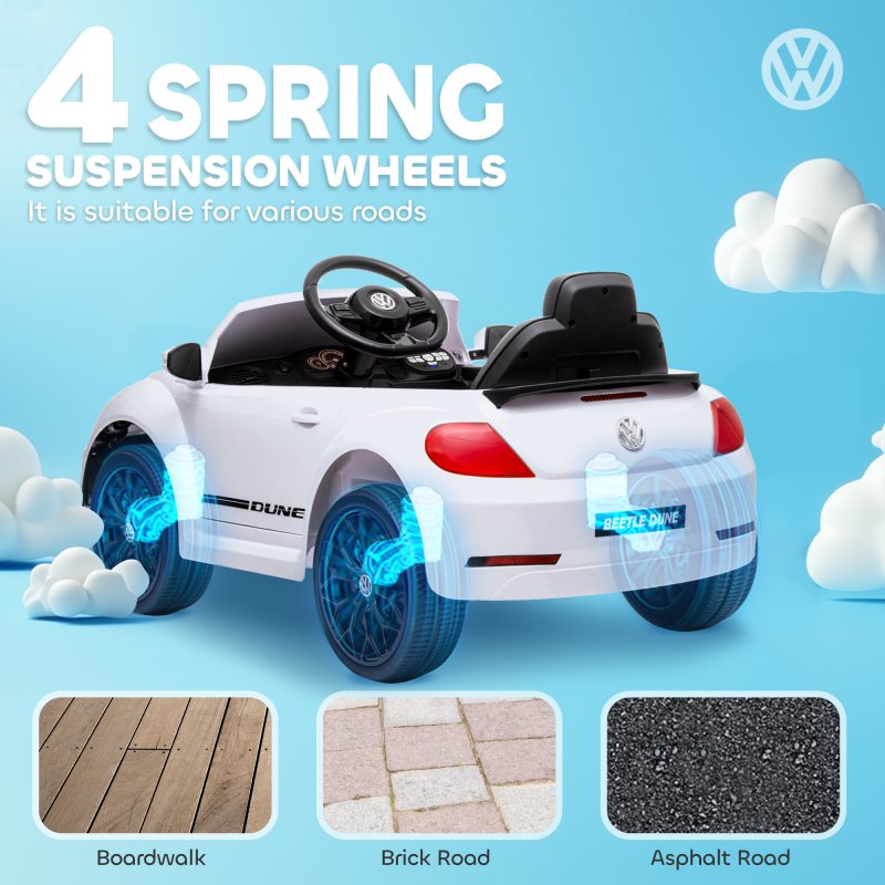 AIYAPLAY Volkswagen Beetle Licensed Ride on Car, 12V Kids Electric Car with Remote Control, 4 Spring Suspension Wheels, Soft Start, Headlights, FM Radio, Music, Horn, White