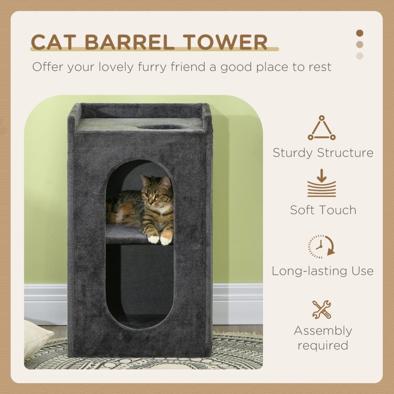 PawHut 2 Layer Cat House, Cat Beds for Indoor Cats with Scratching Pad, 81cmH, Grey