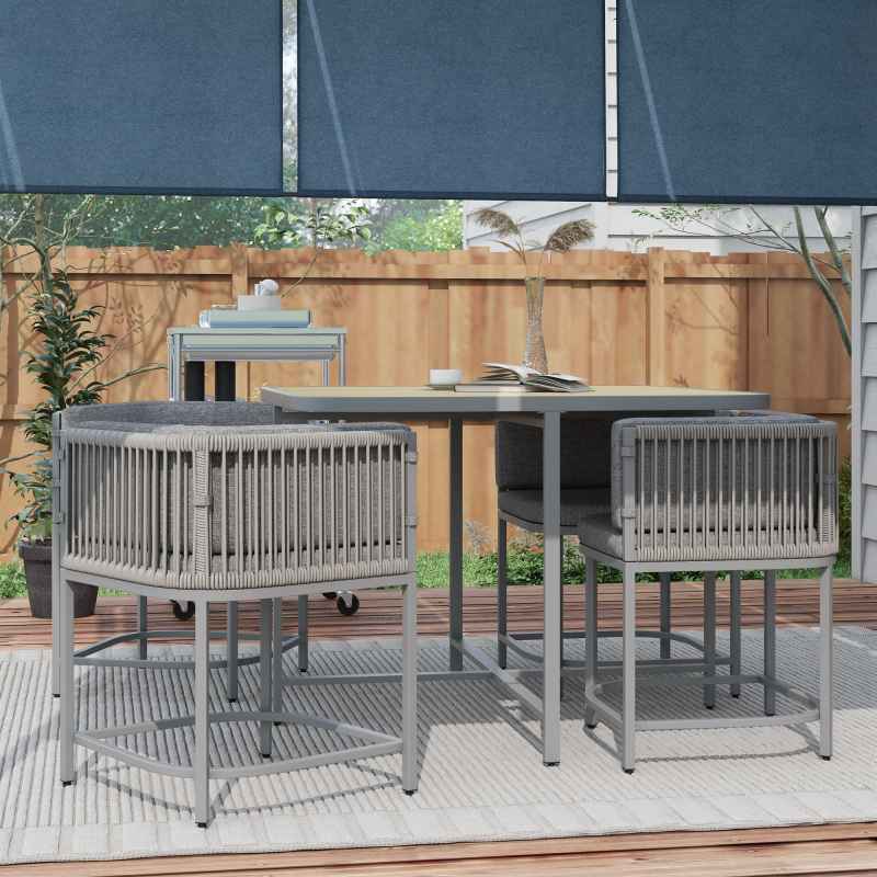 Outsunny 4 Seater Rattan Cube Garden Furniture Set with Cushions, Square Garden Dining Set with Stone Composite Board Top Table, Wicker Outdoor Table and Chairs, Grey