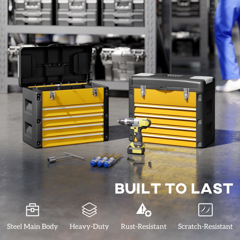 HOMCOM 4 Drawers Large Tool Box, Powder Coated Steel Toolbox with Top Tray, Mini Parts Boxes, Ball Bearing Runners, Handle, Heavy Duty Tool Chest for Workshop, Garage, 497mm x 253mm x 407mm, Yellow