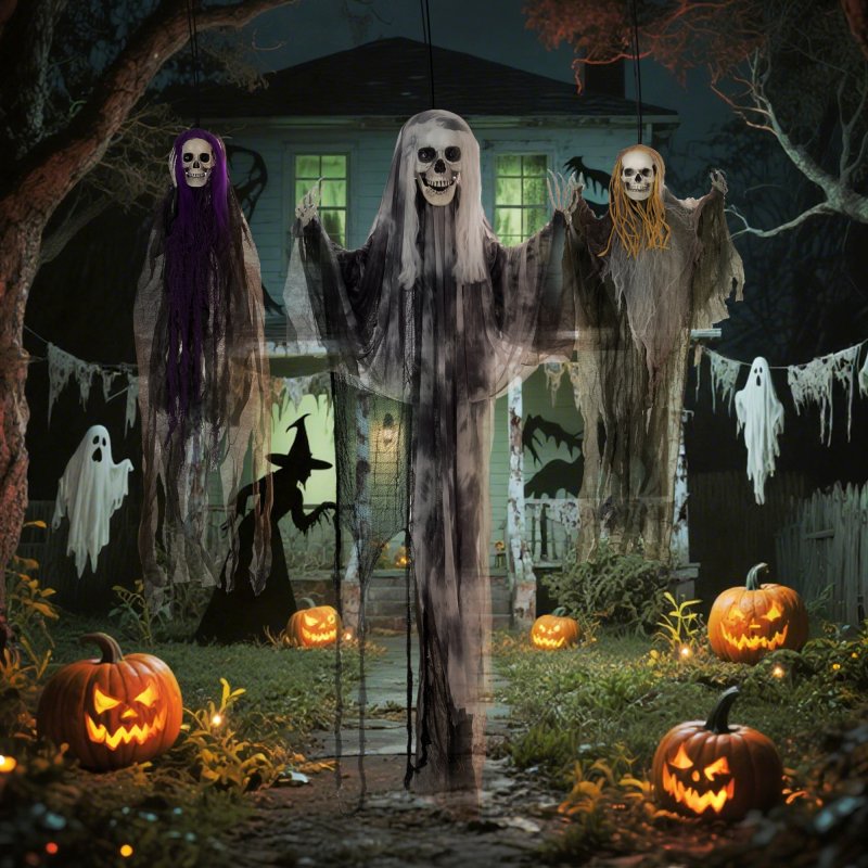HOMCOM Life Size Hanging Skeleton Halloween Decorations, Set of 3 Scary Flying Ghost with Adjustable Arms for Haunted House, Garden, Party, 90/110/170cm