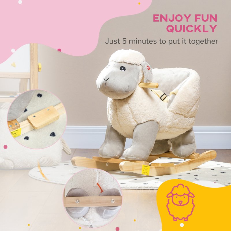 AIYAPLAY Rocking Horse, Kids Ride on Horse, Rocking Animal, Plush Ride on Lamb with Safety Belt, Sound, for Ages 18-36 Months, Grey