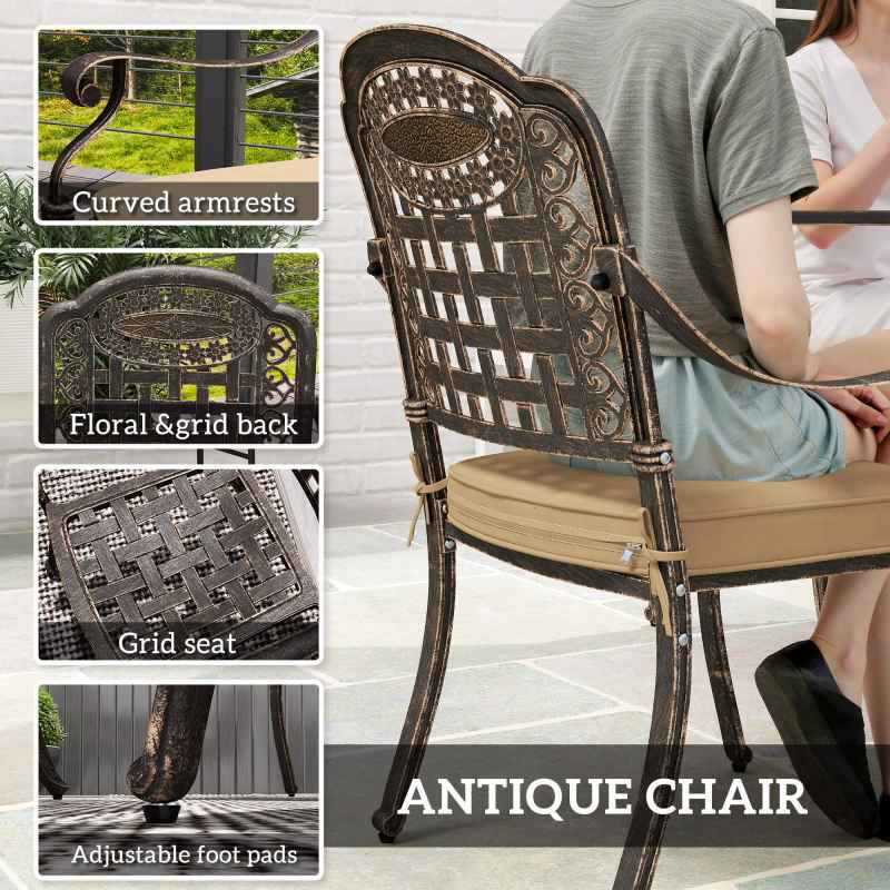 Outsunny 5 Pieces Cast Aluminium Garden Dining Set, 4 Seater Garden Table and Chairs with Parasol Hole, Outdoor Garden Furniture Set with Cushions for Patio, Bronze Tone