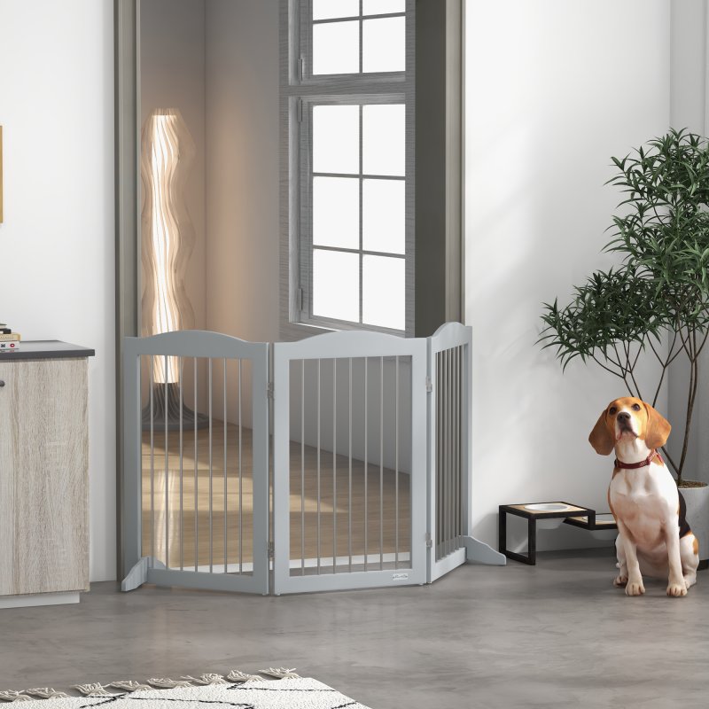 PawHut Foldable Dog Gate, Freestanding Pet Gate, Dog Barrier with Two Support Feet, for Doorways, Stairs, Halls - Grey