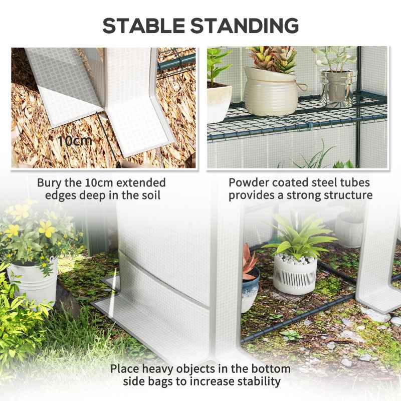 Outsunny 3 Tier Lean-to Mini Greenhouse with Reinforced PE Cover, Portable Small Greenhouse with Roll-Up Door, Grey Hemmed Edging, 144 x 48 x 152cm, White