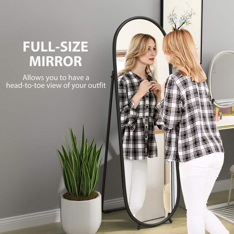 HOMCOM 40 x 160cm Full Length Mirror, Floor Standing or Leaning Against Wall Tall Mirror with Support Frame, Oval Full Body Mirror for Bedroom, Living Room, Black