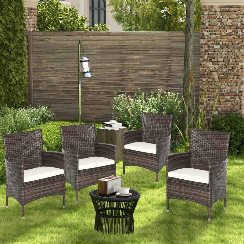 Outsunny 4 Pieces Outdoor PE Rattan Dining Chairs Set with Cushion, Garden Armchair with Armrests, High Backrest, Metal Frame Patio Wicker Furniture, Mixed Brown