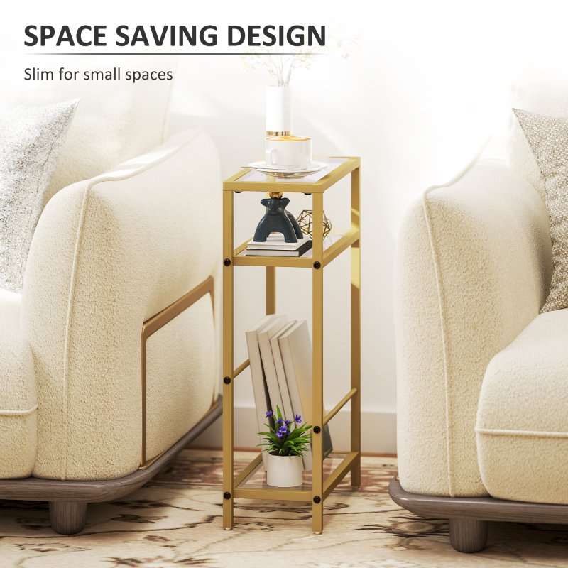 HOMCOM 3-Tier Side Table, Narrow End Table with Storage Shelf and Tempered Glass Tabletop for Small Spaces, Bedroom, Living Room, Entryway, Gold Tone