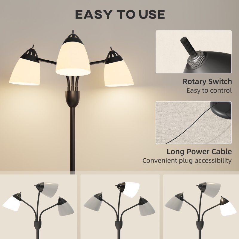 HOMCOM Arc Tree Floor Lamp with 3 Adjustable Rotating Lights and 3000K/4500K/6500K Colour Temperatures, Industrial Standing Lamp with Steel Frame for Bedroom Living Room, 155cm, Black