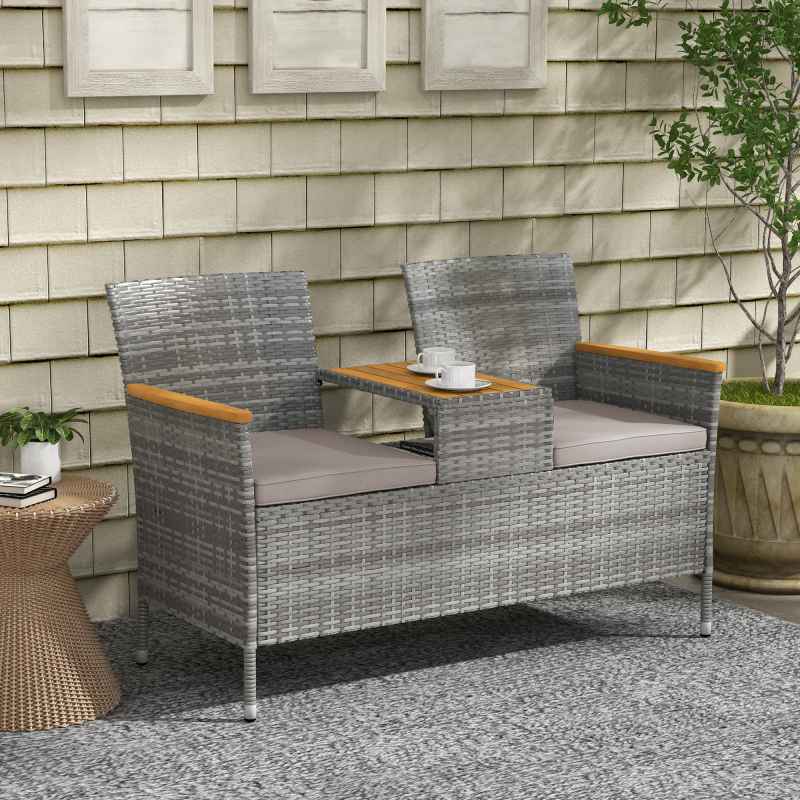 Outsunny 2 Seat Rattan Garden Bench, Patio Wicker Chair with Acacia Wood Top Middle Table, Outdoor PE Rattan Love Seat with Padded Cushions, Decorative Handrails, Grey