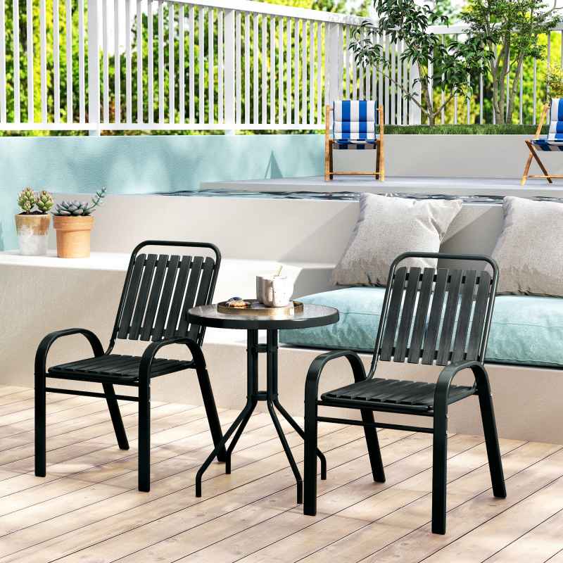 Outsunny 3 Pieces Patio Bistro Set, Garden Furniture Set with Stackable Chairs, Tempered Glass Table, Rust Resistant for Outdoor, Balcony, Patio, Garden, Charcoal Grey