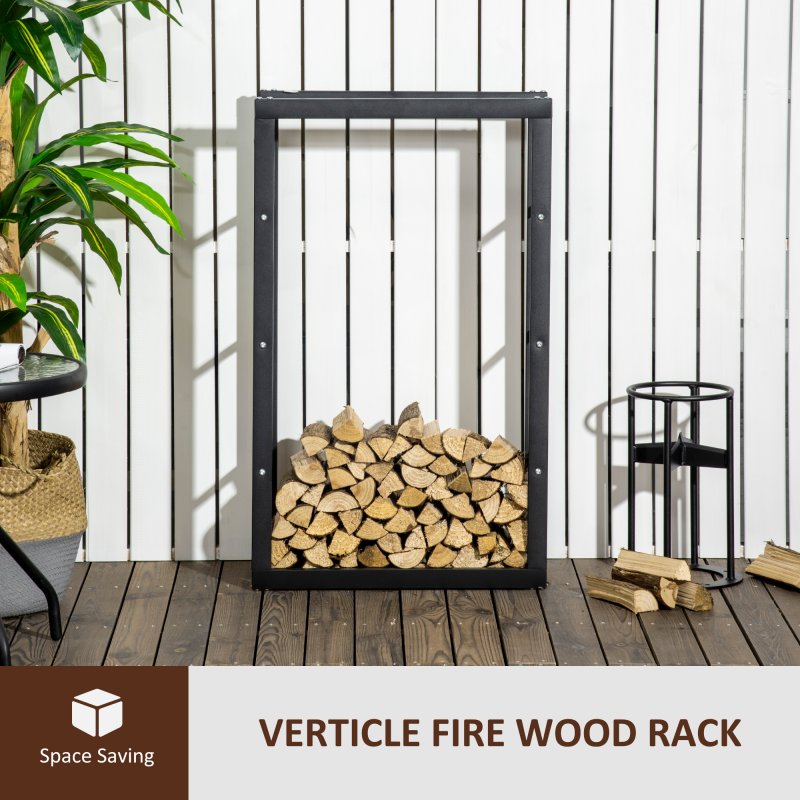 HOMCOM Metal Firewood Log Holder Tall Firewood Rack Indoor Outdoor Fireplace Wood Storage Shelf with Side Rails, Rust-Resistant, Black, 60W x 25D x 100H cm