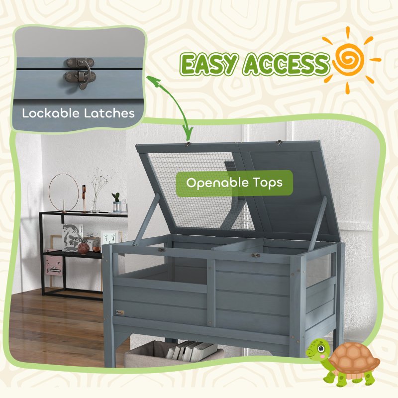 PawHut Tortoise House w/ Shelf, Small Pet Reptile Wooden House w/ Hide Shelter Den and Run, Lamp Holder, Tray, for Indoors, Outdoors - Grey