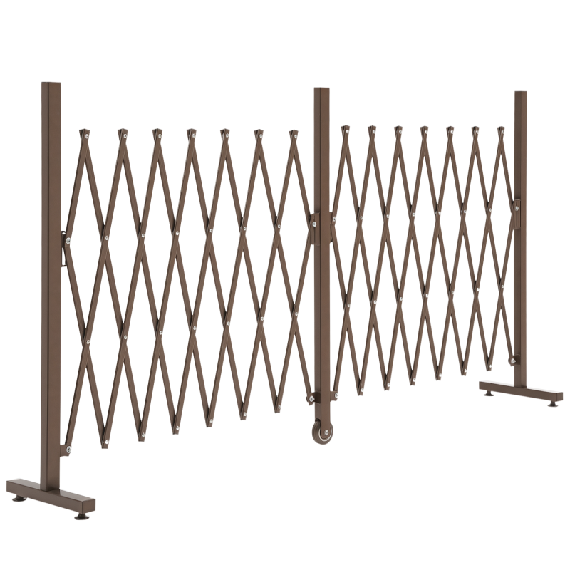 Outsunny Expanding Fence Panel, Freestanding Aluminium Alloy Trellis Fence with Movable Scissor Grid and Wheel, 52-405cm Foldable Decorative Garden Fence for Patio Pet Safety, Dark Brown