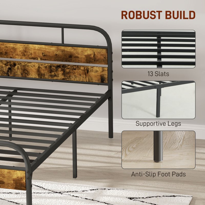 HOMCOM 4ft6 Double Bed Frame with Headboard, Platform Bed Frame with Underbed Storage, Slat Support, No Box Spring Needed, Easy Assembly, Rustic Brown