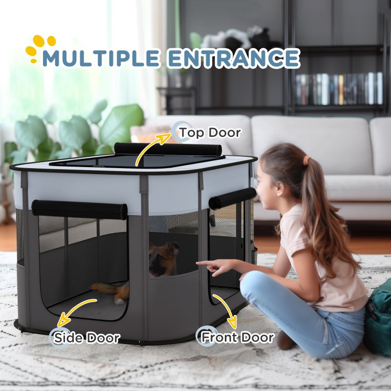PawHut Dog Pen, Pet Playpen, Portable Foldable Dog Cat Playpen Soft Pet Cage with Storage Bag for Puppies, Rabbits, Kittens, Guinea Pigs, 94 x 74 x 60cm - Grey