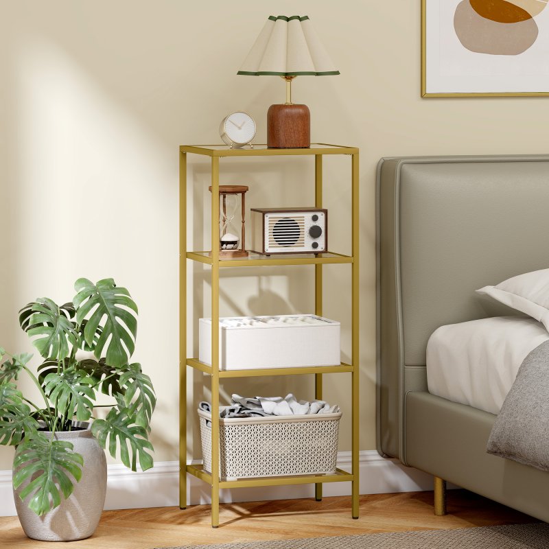 HOMCOM 4-Tier Shelving Unit, Modern Glass Shelf, Bookshelf, Storage Rack for Living Room, Home Office, Bedroom, Bathroom, 40 x 30 x 97 cm, Gold Tone