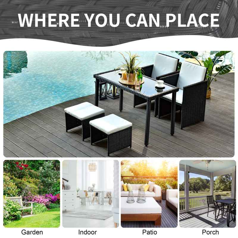 Outsunny 2 Seater Rattan Cube Garden Furniture Set, Rattan Dining Set with Cushions, Outdoor Dining Table and Chairs with 2 Armchairs, 2 Stools, Rectangular Glass Top Table for Patio, Balcony