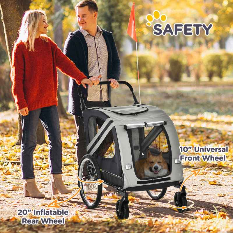 PawHut Dog Bike Trailer, 2 in 1Foldable Pet Stroller with Hitch Coupler, Reflectors, Quick Release Wheels, Flag, for Medium Dogs, Grey
