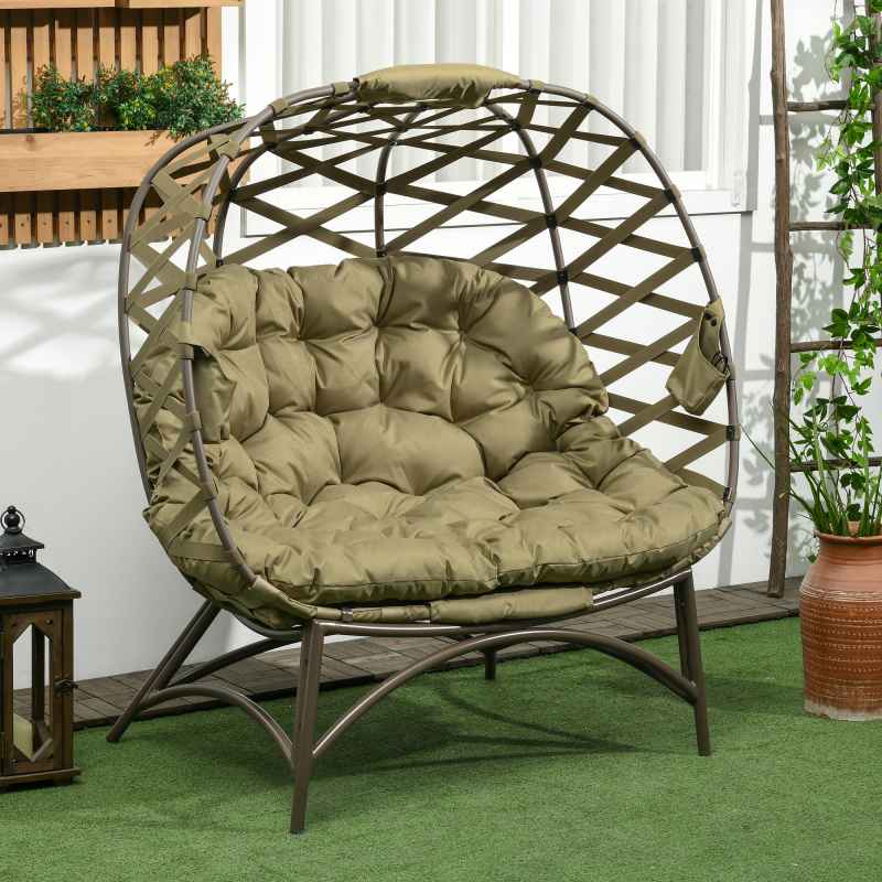 Outsunny Egg Chair Outdoor, 2 Seater Folding Weave Garden Furniture Chair with Cushion, Cup Pockets for Patio Balcony - Khaki