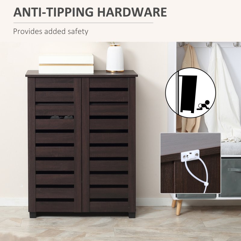 HOMCOM Narrow Shoe Cabinet for Entryway, 5-Tier Slim Shoe Storage Cabinet with 2 Slatted Doors and Adjustable Shelves for 15 Pairs, Dark Brown