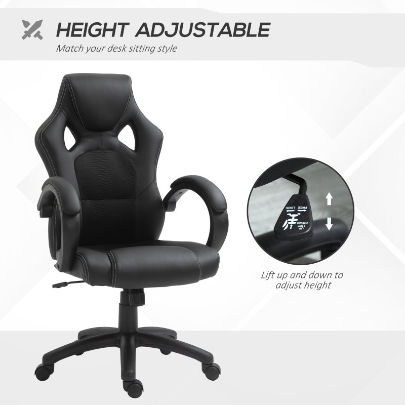 Vinsetto Gaming Chair Faux Leather Swivel Computer Racing Gamer Desk Chair for Home Office with Wheels, Black