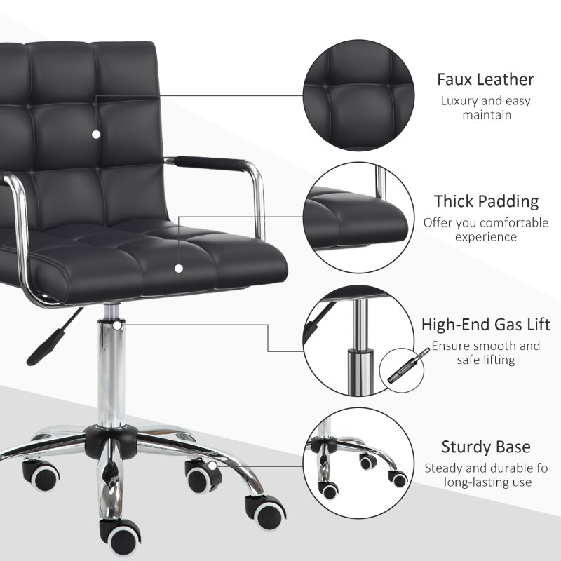 Vinsetto Office Chair, Makeup Vanity Chair, Mid Back Computer Chair, PU Leather Swivel Study Chair with Adjustable Height, Armrest and Rolling Wheels