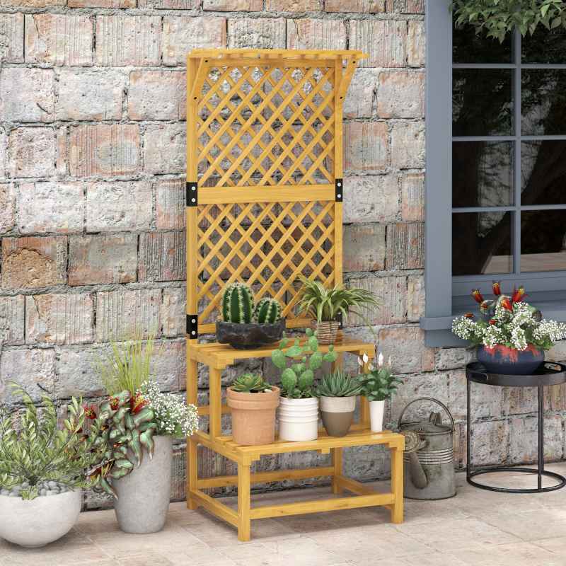 Outsunny 2 Tier Wooden Plant Stand with Trellis, Freestanding Raised Garden Bed for Climbing Plants, Planter Box to Grow Vegetables, Herbs and Flowers for Garden, Patio, Yellow